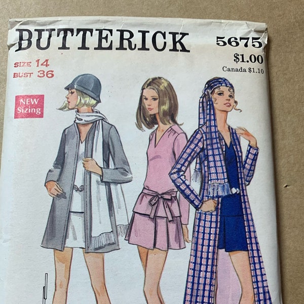 Butterick Pattern, Vintage 1960's, Dress, Long Coat, Scarf, Hippy CLothes, Size 14
