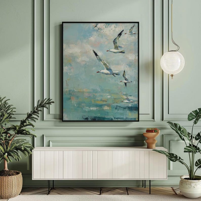 Coastal Seagull Flight Printable Art - Serene Pastel Beach Landscape ...