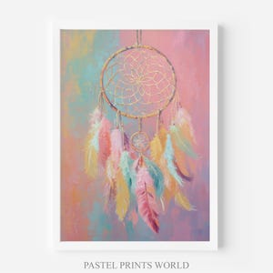 May include: A framed print of a dreamcatcher with a gold-colored hoop and intricate web design. Pastel-colored feathers in shades of pink, yellow, and blue hang below. The background features blended pastel colors. The text "PASTEL PRINTS WORLD" is at the bottom.