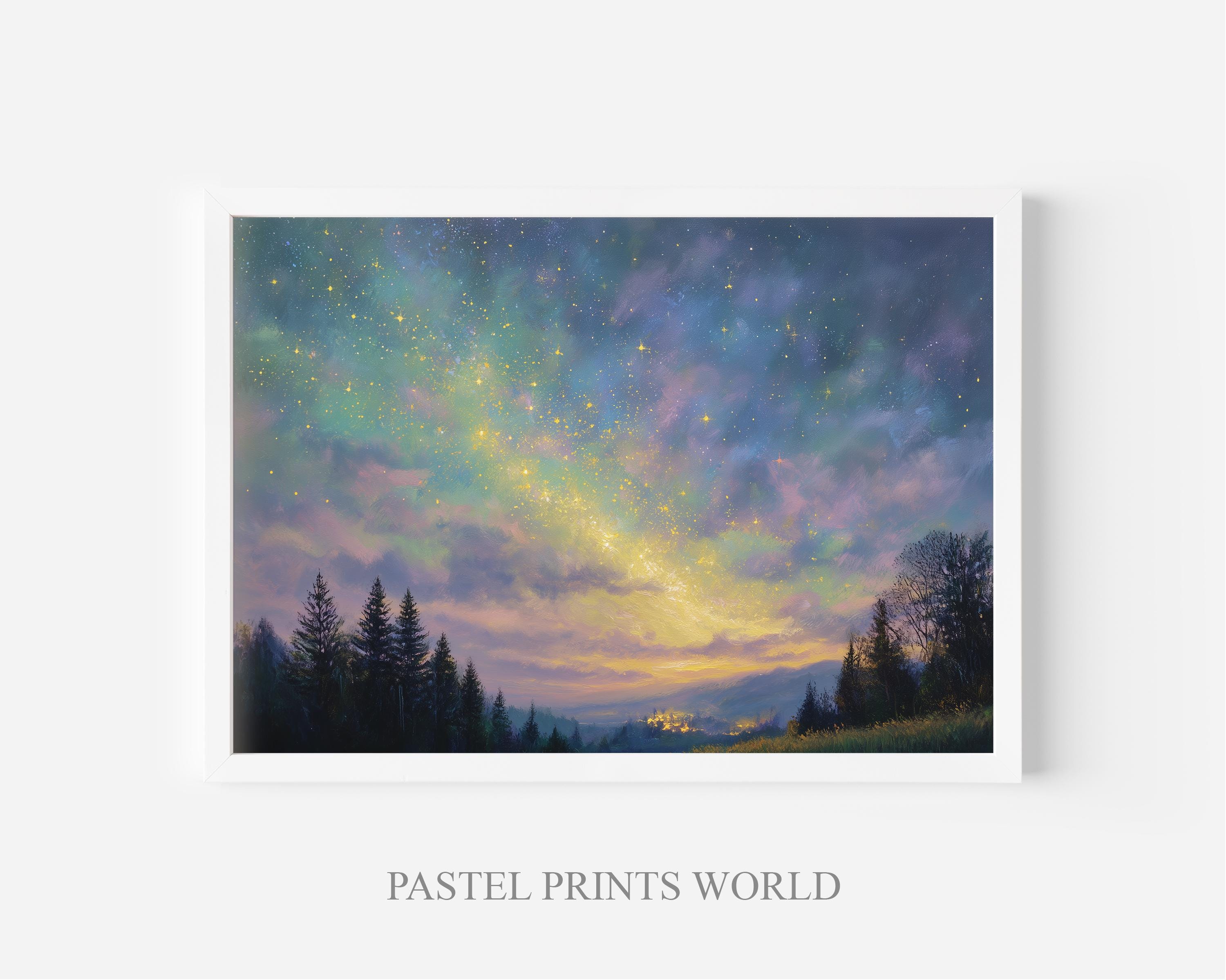 Rustic Night Sky Printable - Pastel Celestial Landscape With Soft ...