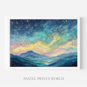 May include: A framed art print featuring a celestial landscape. The artwork depicts a starry night sky with shades of blue, teal, and gold, over a range of blue mountains. The text "PASTEL PRINTS WORLD" is at the bottom.