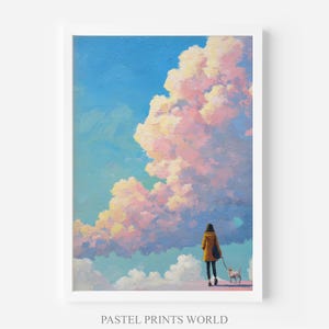 May include: An art print featuring a person walking a small dog on a leash, set against a backdrop of a vibrant blue sky and fluffy, pastel-colored clouds. The artwork is framed in a white border, with the text "PASTEL PRINTS WORLD" at the bottom.