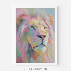 May include: A framed pastel painting of a lion's head. The lion's mane and face are painted in a blend of pink, yellow, green, and blue hues. The artwork is set against a soft, light background, with the text "PASTEL PRINTS WORLD" at the bottom.