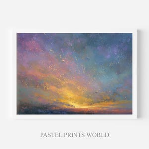 Printable Starry Pastel Sky Painting - Calming Celestial Night Scene, Romantic Sunset with Glowing Horizon, Digital Wall Art Download 189