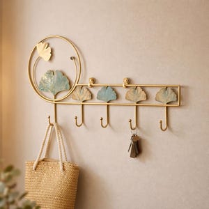 Wall Mounted Coat Rack Gold Ginkgo Leaf Hooks Entryway Organizer Key Holder Wall Decor Modern Boho Home Storage Gift Idea