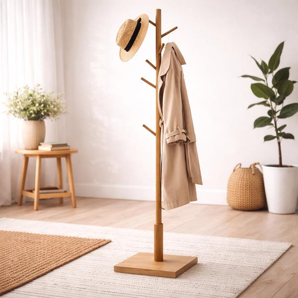 Perchero independiente compacto para abrigos y sombreros, perchero para entrada de espacios pequeños, base estable y resistente, perchero para dormitorio u oficina.