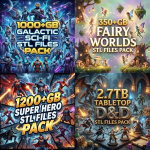 Puede incluir: Se muestran cuatro paquetes de arte digital, cada uno con un tema diferente. Los paquetes incluyen: Galactic Sci-Fi STL Files Pack, Fairy Worlds STL Files Pack, Super Hero STL Files Pack y Tabletop D&D STL Files Pack. Cada paquete presenta una variedad de personajes y escenas.