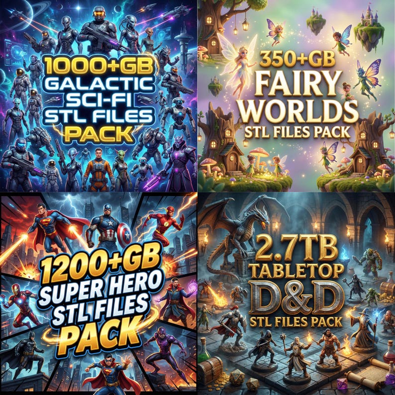 Puede incluir: Se muestran cuatro paquetes de arte digital, cada uno con un tema diferente. Los paquetes incluyen: Galactic Sci-Fi STL Files Pack, Fairy Worlds STL Files Pack, Super Hero STL Files Pack y Tabletop D&D STL Files Pack. Cada paquete presenta una variedad de personajes y escenas.