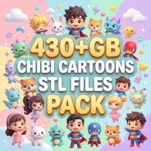 Puede incluir: Imagen digital colorida con numerosos personajes de dibujos animados chibi, incluyendo superh&eacute;roes, animales y criaturas fant&aacute;sticas. El texto "430+ GB CHIBI CARTOONS STL FILES PACK" se muestra en letras doradas, sugiriendo una colecci&oacute;n de archivos digitales.