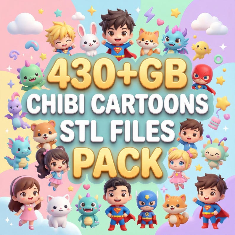 Puede incluir: Imagen digital colorida con numerosos personajes de dibujos animados chibi, incluyendo superh&eacute;roes, animales y criaturas fant&aacute;sticas. El texto "430+ GB CHIBI CARTOONS STL FILES PACK" se muestra en letras doradas, sugiriendo una colecci&oacute;n de archivos digitales.