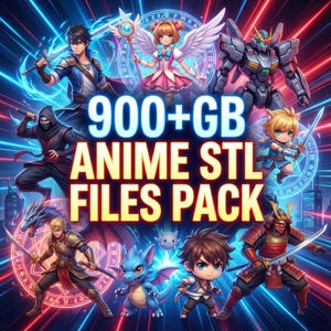 Puede incluir: Imagen de arte digital con varios personajes de anime, incluyendo un ninja, un samur&aacute;i y un robot. El texto "900+ GB ANIME STL FILES PACK" se muestra prominentemente en el centro, con un fondo din&aacute;mico de l&iacute;neas rojas y azules.