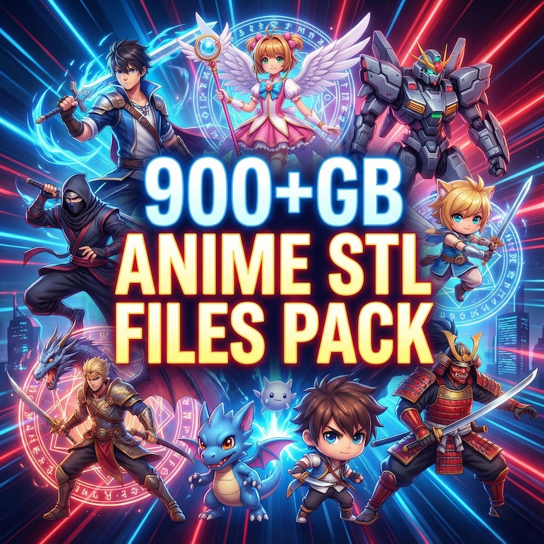 Puede incluir: Imagen de arte digital con varios personajes de anime, incluyendo un ninja, un samur&aacute;i y un robot. El texto "900+ GB ANIME STL FILES PACK" se muestra prominentemente en el centro, con un fondo din&aacute;mico de l&iacute;neas rojas y azules.