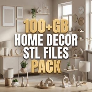 Puede incluir: Interior de una habitaci&oacute;n con elementos de decoraci&oacute;n del hogar, como l&aacute;mparas, jarrones y objetos decorativos. La imagen muestra el texto "100+ GB HOME DECOR STL FILES PACK", sugiriendo un producto digital.