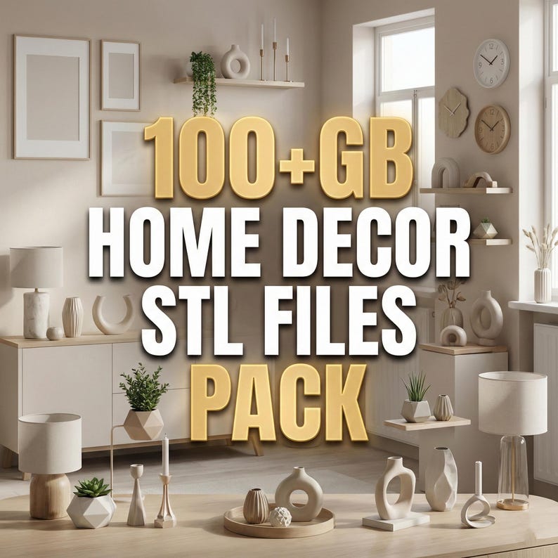 Puede incluir: Interior de una habitaci&oacute;n con elementos de decoraci&oacute;n del hogar, como l&aacute;mparas, jarrones y objetos decorativos. La imagen muestra el texto "100+ GB HOME DECOR STL FILES PACK", sugiriendo un producto digital.