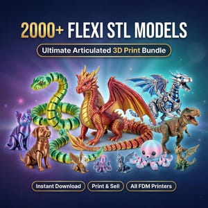 May include: A collection of articulated 3D-printed models, including dragons, a snake, a T-Rex, and other creatures. The image features the text "2000+ FLEXI STL MODELS" and "Ultimate Articulated 3D Print Bundle".