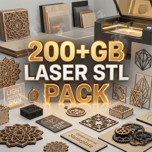 Puede incluir: Una colecci&oacute;n de art&iacute;culos de madera cortados con l&aacute;ser, que incluyen cajas decorativas, formas geom&eacute;tricas y un letrero que dice "LIGHT ACRYLIC SIGN". La imagen tambi&eacute;n presenta el texto "200+GB LASER STL PACK".