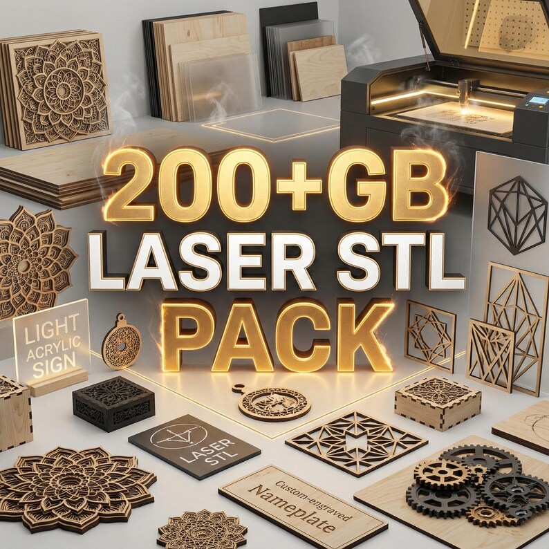 Puede incluir: Una colecci&oacute;n de art&iacute;culos de madera cortados con l&aacute;ser, que incluyen cajas decorativas, formas geom&eacute;tricas y un letrero que dice "LIGHT ACRYLIC SIGN". La imagen tambi&eacute;n presenta el texto "200+GB LASER STL PACK".