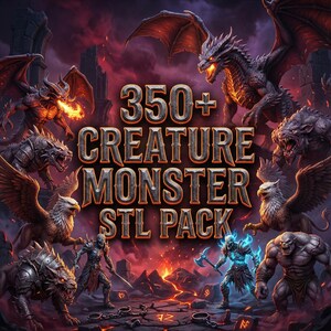 Puede incluir: Imagen digital con criaturas fant&aacute;sticas, incluyendo dragones y grifos, con el texto "350+ CREATURE MONSTER STL PACK". La imagen tiene un fondo oscuro y ardiente, con varias criaturas en primer plano.