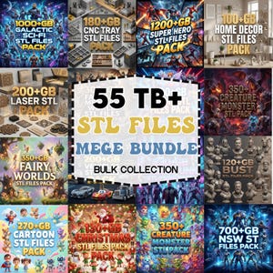 Puede incluir: Una colecci&oacute;n de paquetes de archivos STL digitales, que incluyen temas como ciencia ficci&oacute;n, superh&eacute;roes, decoraci&oacute;n del hogar, dise&ntilde;os cortados con l&aacute;ser, mundos de hadas y Navidad. La imagen presenta varias categor&iacute;as de productos con tama&ntilde;os de archivo que van desde 100 GB hasta 1200 GB.