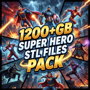 Puede incluir: Imagen digital con m&uacute;ltiples superh&eacute;roes en poses de acci&oacute;n sobre un fondo de paisaje urbano. El texto central dice "1200+ GB SUPER HERO STL FILES PACK" en letras doradas. Los personajes incluyen Superman, Batman, Capit&aacute;n Am&eacute;rica y Flash.