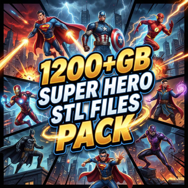 Puede incluir: Imagen digital con m&uacute;ltiples superh&eacute;roes en poses de acci&oacute;n sobre un fondo de paisaje urbano. El texto central dice "1200+ GB SUPER HERO STL FILES PACK" en letras doradas. Los personajes incluyen Superman, Batman, Capit&aacute;n Am&eacute;rica y Flash.