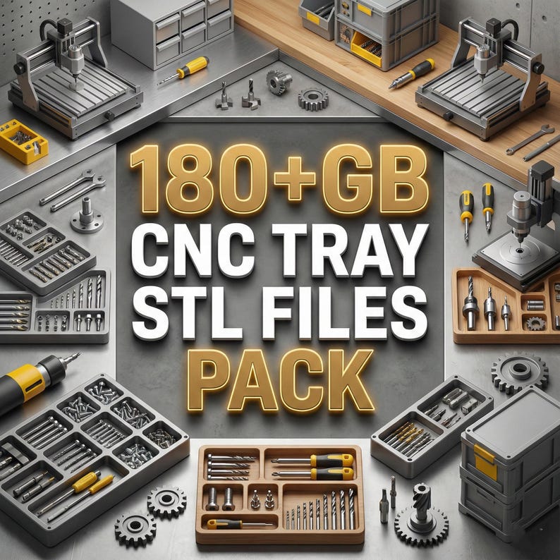 Puede incluir: Una variedad de herramientas y accesorios CNC, que incluyen brocas, destornilladores y engranajes, se organizan alrededor del texto "180+GB CNC TRAY STL FILES PACK". Las herramientas est&aacute;n organizadas en bandejas y cajas, con una combinaci&oacute;n de colores gris y amarillo.