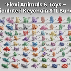May include: A selection of brightly coloured, articulated keychain toys, including animals, robots, and cameras. The toys are in various colours like blue, pink, green, and orange. The text at the top reads "Flexi Animals & Toys - Articulated Keychain STL Bundle."