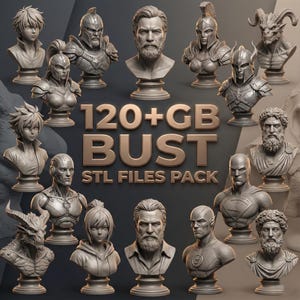 Puede incluir: Una colecci&oacute;n de esculturas de bustos detalladas, que incluyen figuras con armaduras, criaturas fant&aacute;sticas y retratos cl&aacute;sicos. La imagen presenta el texto "120+GB BUST STL FILES PACK". Los bustos son de color neutro, con detalles intrincados.