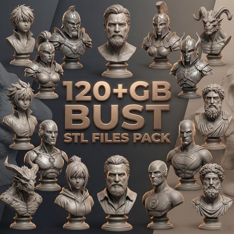 Puede incluir: Una colecci&oacute;n de esculturas de bustos detalladas, que incluyen figuras con armaduras, criaturas fant&aacute;sticas y retratos cl&aacute;sicos. La imagen presenta el texto "120+GB BUST STL FILES PACK". Los bustos son de color neutro, con detalles intrincados.
