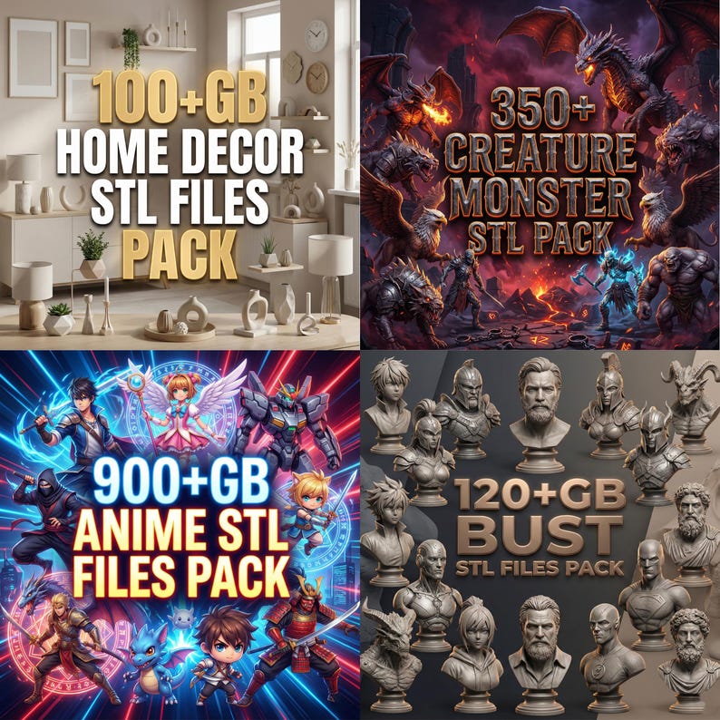 Puede incluir: Imagen compuesta que muestra cuatro paquetes de archivos STL digitales. Los paquetes incluyen "100+GB Home Decor STL Files Pack", "350+ Creature Monster STL Pack", "900+GB Anime STL Files Pack" y "120+GB Bust STL Files Pack". Cada paquete presenta arte digital &uacute;nico.