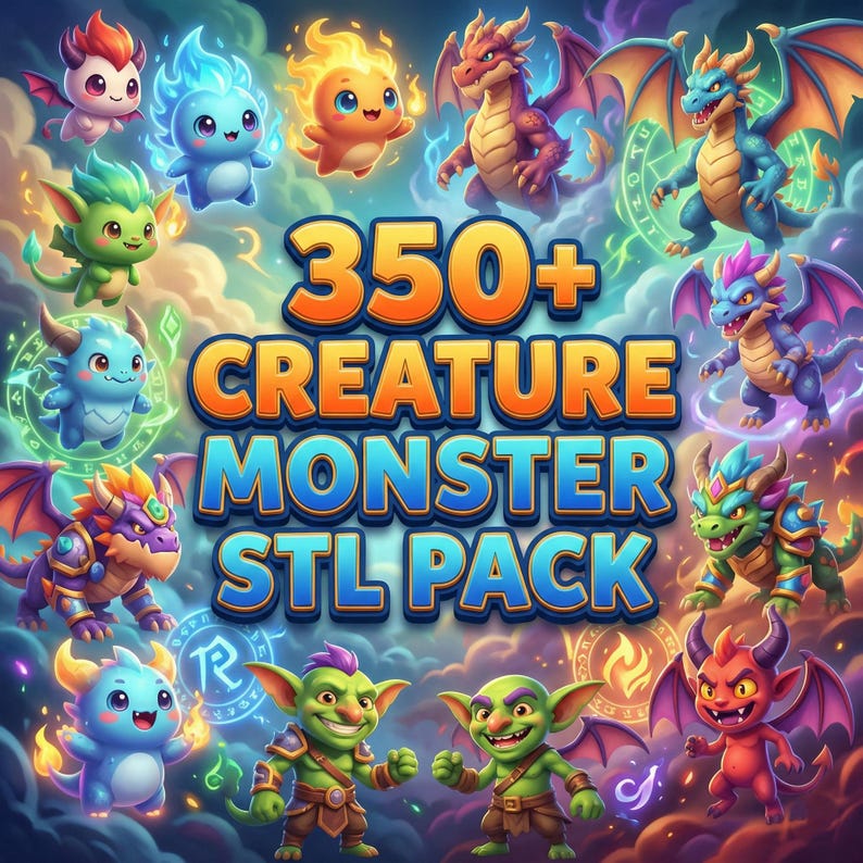 Puede incluir: Una vibrante ilustraci&oacute;n digital con diversas criaturas fant&aacute;sticas, incluyendo dragones, duendes y elementales. El texto central dice "350+ Creature Monster STL Pack" en letras audaces y coloridas, sugiriendo una colecci&oacute;n de modelos 3D.