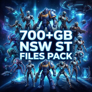 Puede incluir: Ilustraci&oacute;n digital con soldados futuristas y figuras alien&iacute;genas en un entorno espacial. El texto "700+ GB NSW ST FILES PACK" en azul brillante destaca, sugiriendo un producto digital.