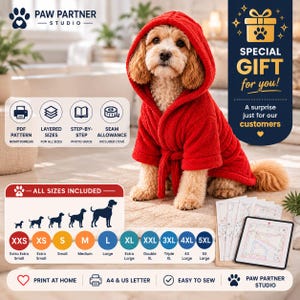 Puede incluir: Un perro con una bata con capucha roja, con un cinturón a juego. La imagen incluye el texto "Todas las tallas incluidas" y "Fácil de coser". El producto es de Paw Partner Studio. La imagen también incluye un gráfico de caja de regalo.