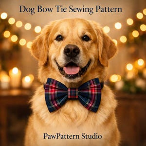 Può includere: Un Golden Retriever sorridente con un papillon a quadri rossi, blu e verdi. L'immagine include il testo "Dog Bow Tie Sewing Pattern" e "PawPattern Studio".