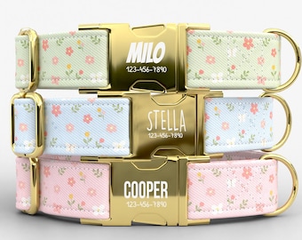 Pastel Floral Personalized Dog Collar with Leash, Spring Wildflower Dog Collar, Custom Name Pet Collar, Cottagecore Dog Collar TPNS-20