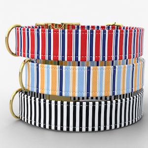 May include: Three dog collars stacked on top of each other. The top collar has red, white, and blue vertical stripes. The middle collar has orange, blue, and white vertical stripes. The bottom collar has black and white vertical stripes. All collars have gold-colored hardware.