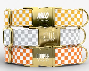Checkered Dog Collar with Leash: Personalized Checkerboard Theme, Main colors White, Yellow, Grey, and Orange TPNS-11