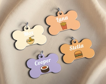 Personalized Dog ID Tag, Custom Bone Shaped Dog Name Tag, Food Design, Aluminum Metal Pet ID Tag, Made in the USA