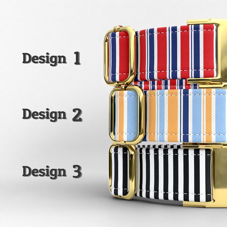 May include: Three colorful belt designs with gold-colored buckles. Design 1 features red, white, and blue stripes. Design 2 has blue, orange, and white stripes. Design 3 displays black and white stripes. The text "Design 1", "Design 2", and "Design 3" are visible.