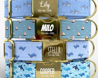 Nautical Personalized Dog Collar with Leash, Ocean Dog Collar, Shark & Whale Pet Collar, Custom Name Beach Dog Collar TPNS-32