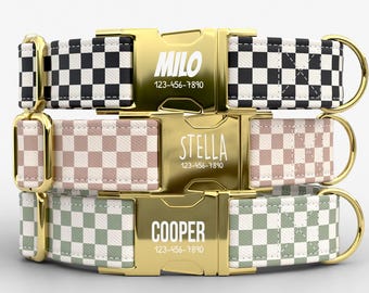 Checkered Dog Collar with Leash: Personalized Checkerboard Theme, Main colors White, Black, Dark Green, and Soft Beige TPNS-61