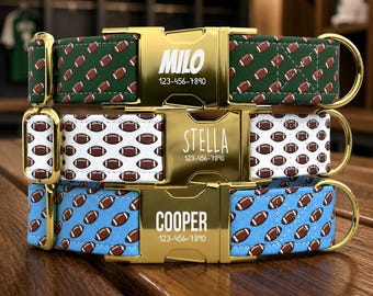 Football Personalized Dog Collar with Leash, Custom Pet Dog Collar, Dog Name Collar, Football Pattern Pet Collar TPNS-110