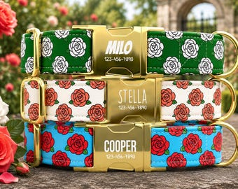 Bold Rose Dog Collar Personalized with Leash, Modern Floral Pet Collar, Custom Name Dog Collar TPNS-95