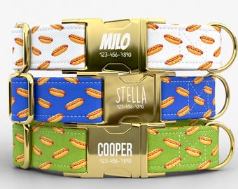 Hot Dog Personalized Dog Collar with Leash, Custom Engraved Name, Funny Food Pet Accessory TPNS-71