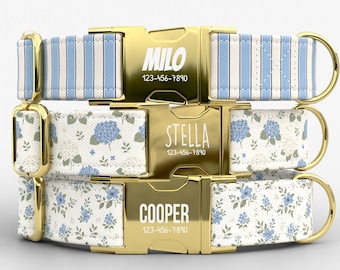 Collar para perro personalizado con correa y estampado de hortensias azules, collar floral costero para mascotas TPNS-145