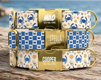Blue Crab Dog Collar Personalized with Leash, Coastal Pet Collar TPNS-156