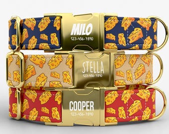 Cheese Dog Collar Personalized with Leash, Custom Name Pet Collar, Funny Food Dog Collar, Cute Cheese Pattern TPNS-126
