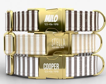 Neutral Stripe Personalized Dog Collar with Leash, Custom Name Dog Collar, Modern Minimalist Pet Collar TPNS-132