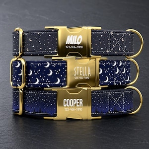 Celestial Moon & Stars Personalized Dog Collar with Leash, Custom Engraved Name, Night Sky Pet Accessory TPNS-40