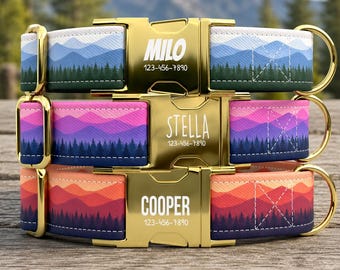 Personalized Mountain Dog Collar with Leash: Scenic Landscape with background colors Natural, Pink, and Orange TPNS-26